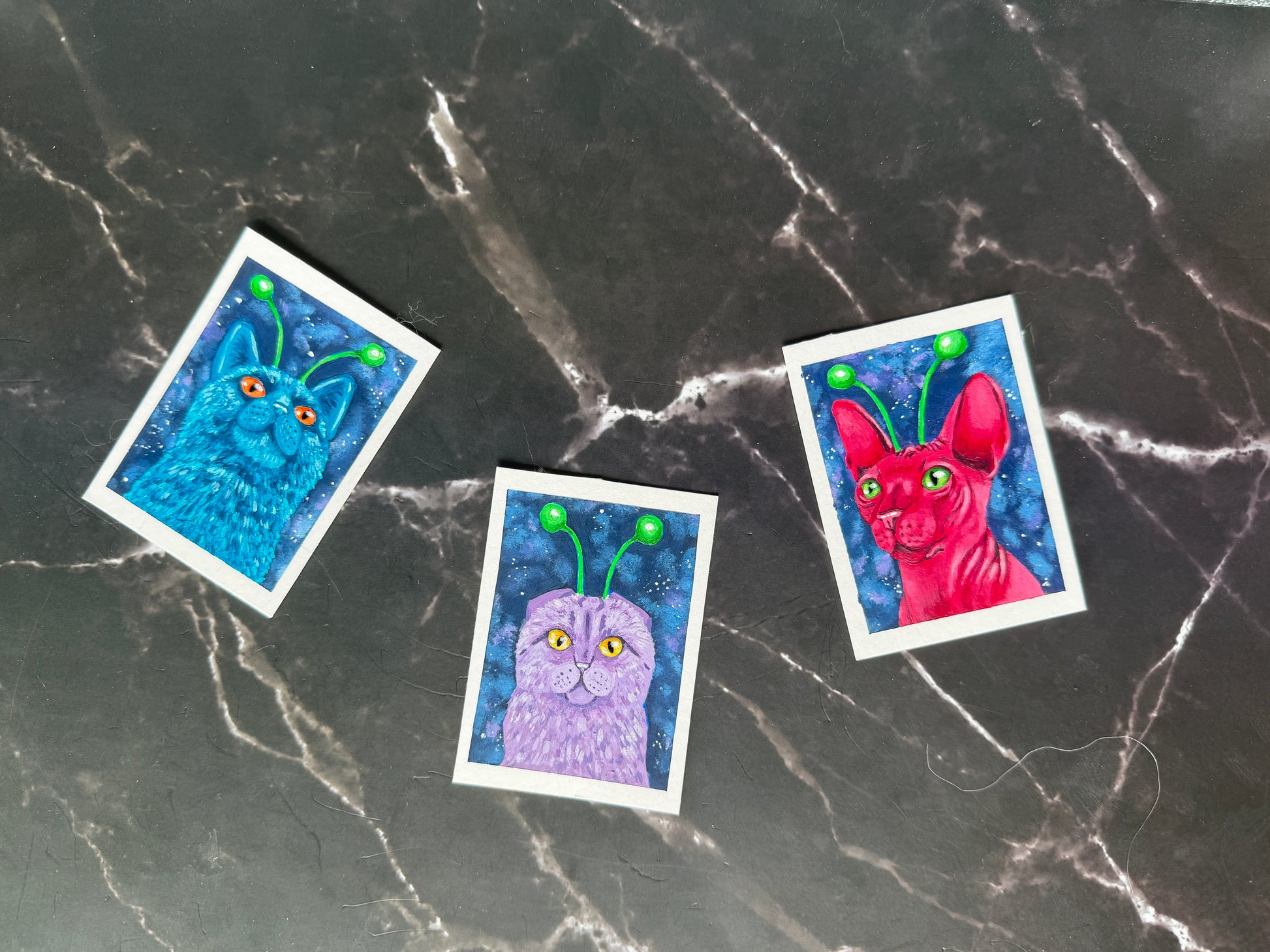 ACEO Collection Originals Acrylic Gouache Art “Space Kitties” 2.5x3.5 (x3)