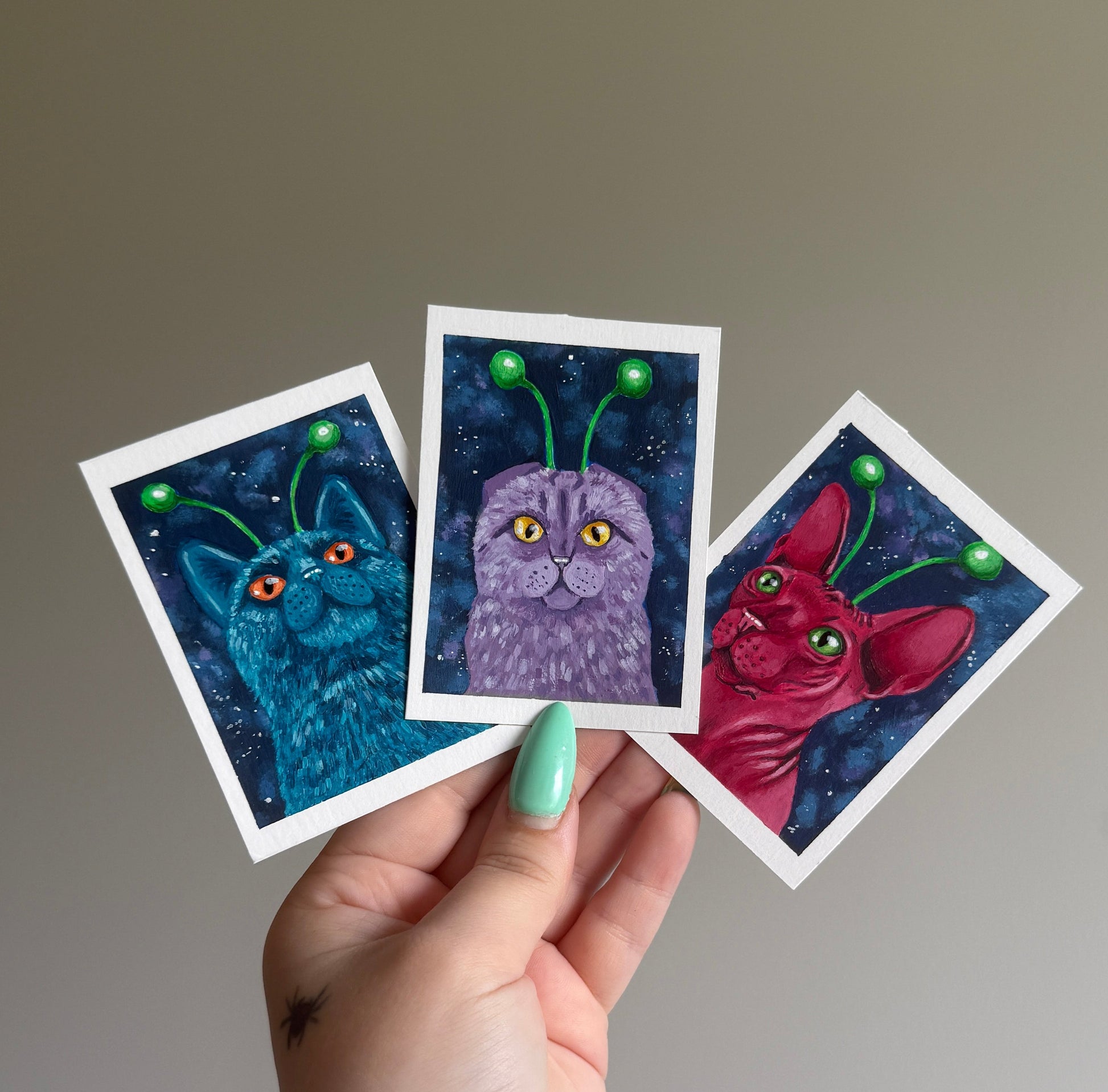 ACEO Collection Originals Acrylic Gouache Art “Space Kitties” 2.5x3.5 (x3)