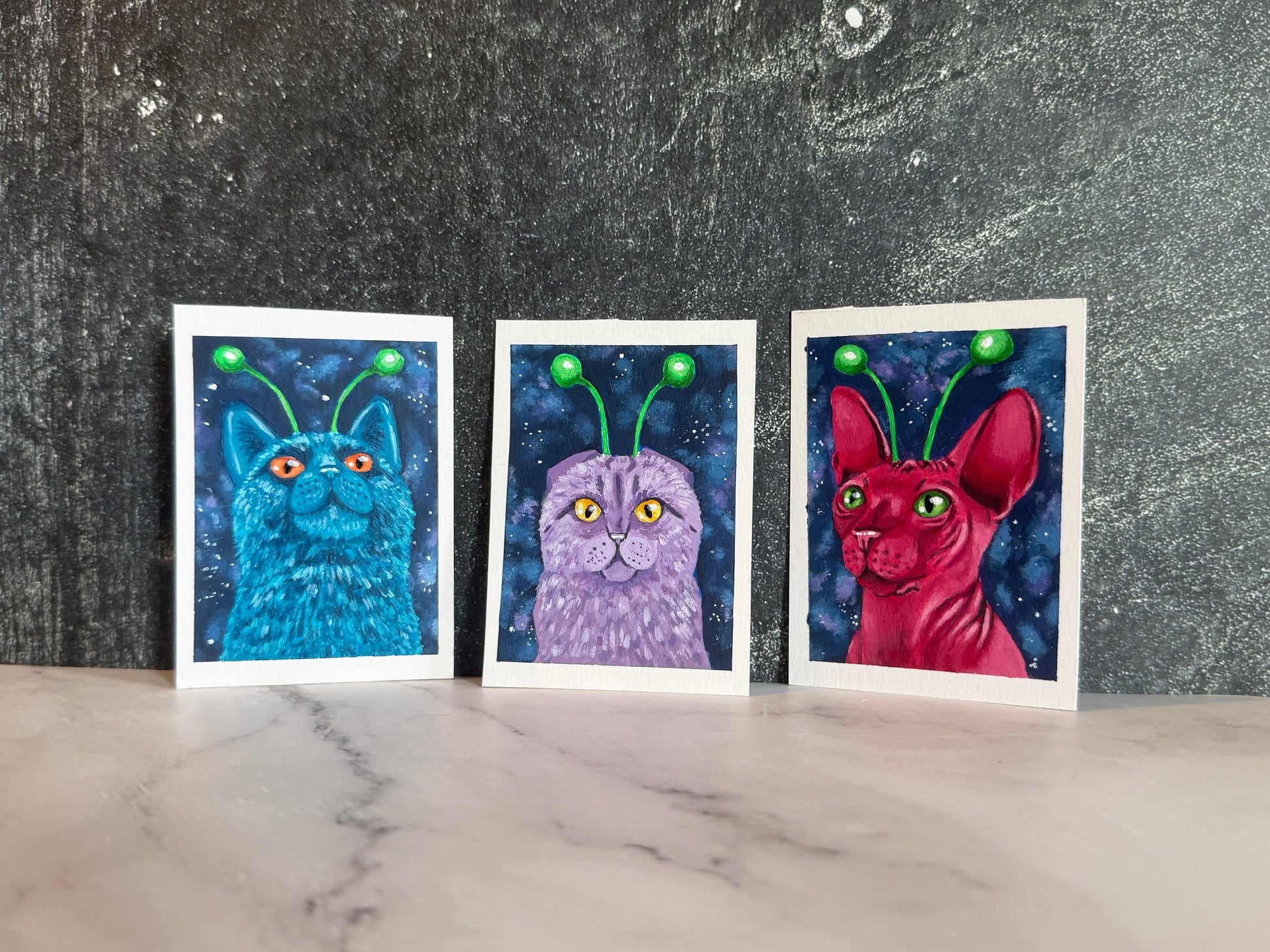 ACEO Collection Originals Acrylic Gouache Art “Space Kitties” 2.5x3.5 (x3)