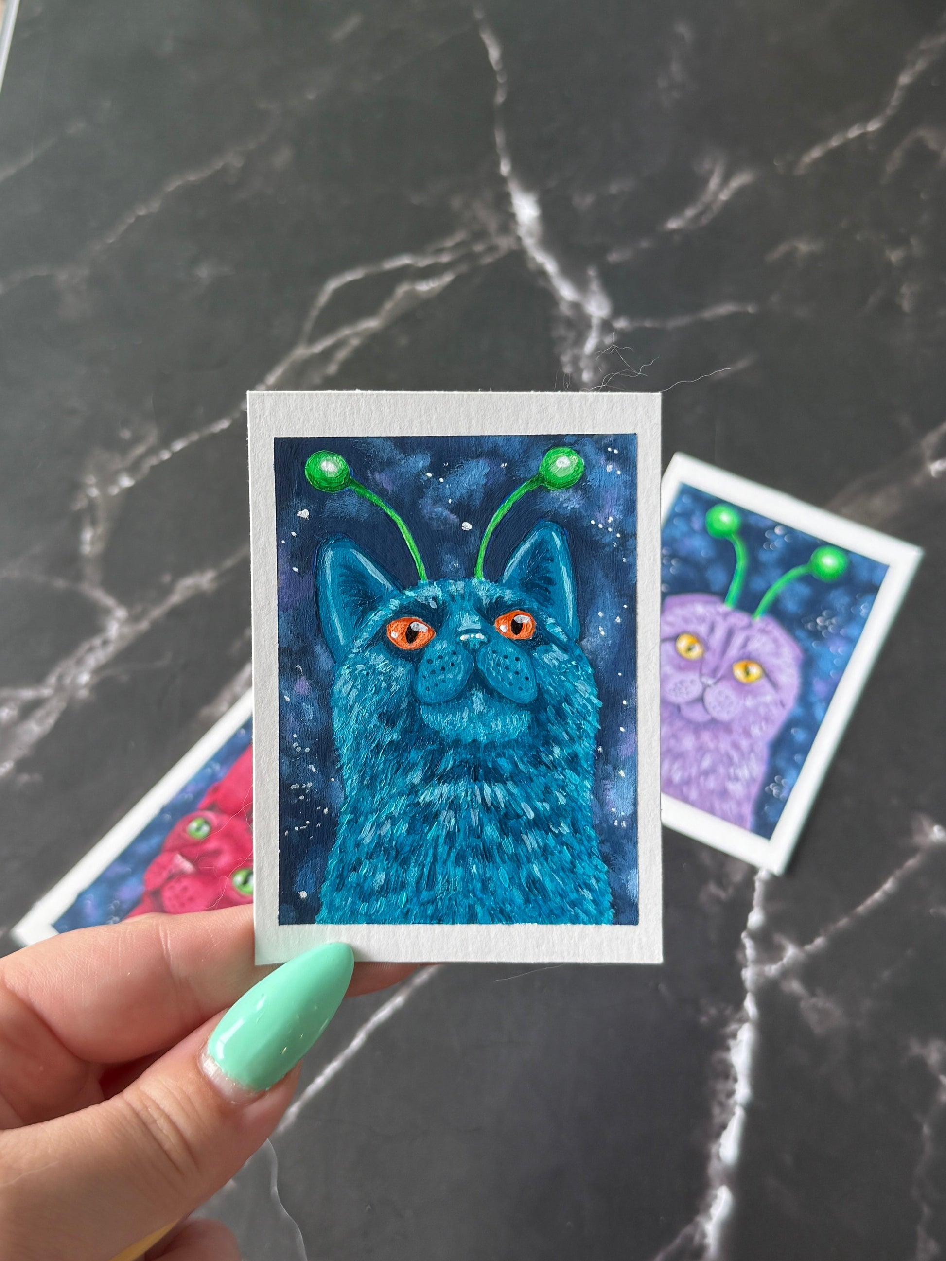 ACEO Collection Originals Acrylic Gouache Art “Space Kitties” 2.5x3.5 (x3)
