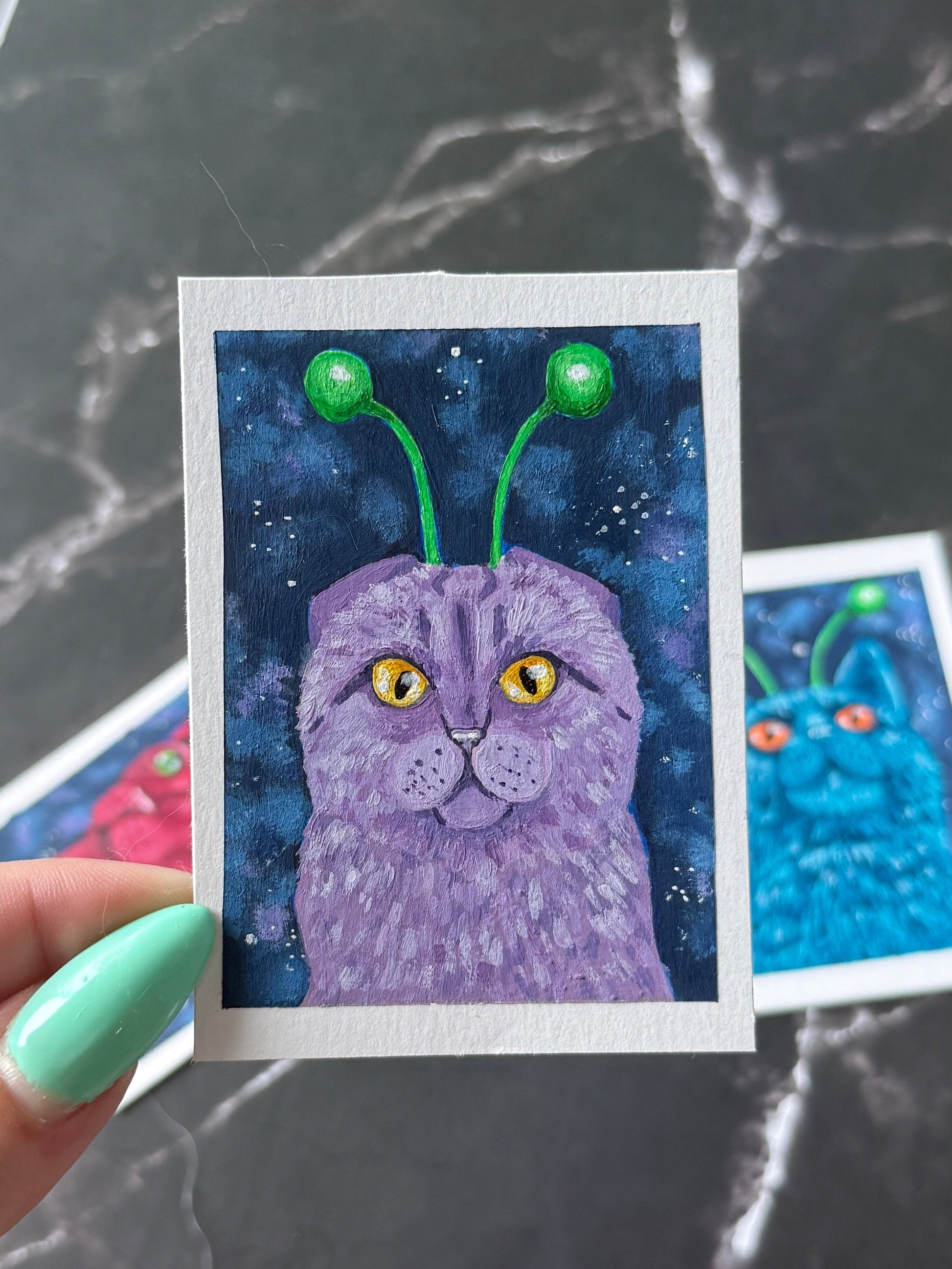 ACEO Collection Originals Acrylic Gouache Art “Space Kitties” 2.5x3.5 (x3)