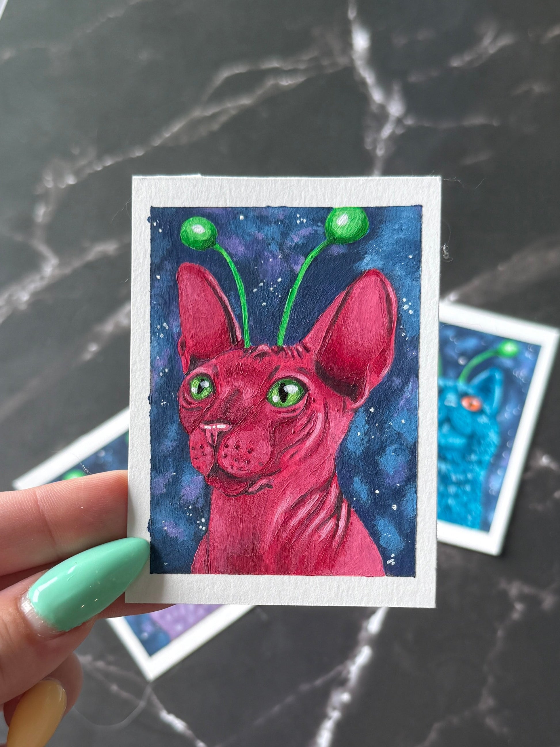 ACEO Collection Originals Acrylic Gouache Art “Space Kitties” 2.5x3.5 (x3)