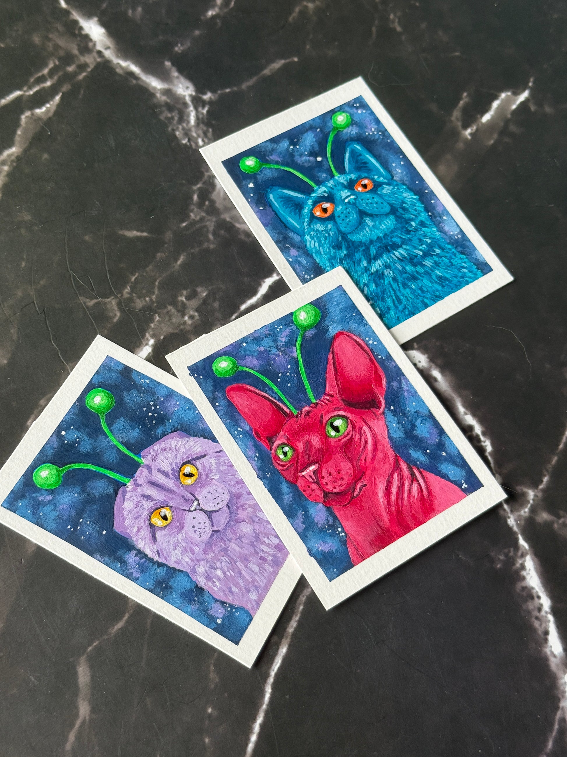 ACEO Collection Originals Acrylic Gouache Art “Space Kitties” 2.5x3.5 (x3)