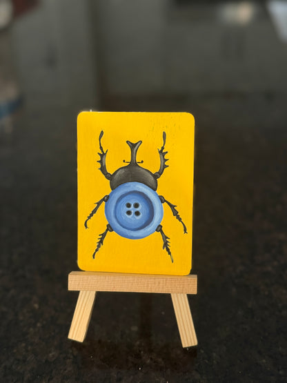 ACEO Original Mini Art "Blue Button Beetle” 2.5"x3.5"