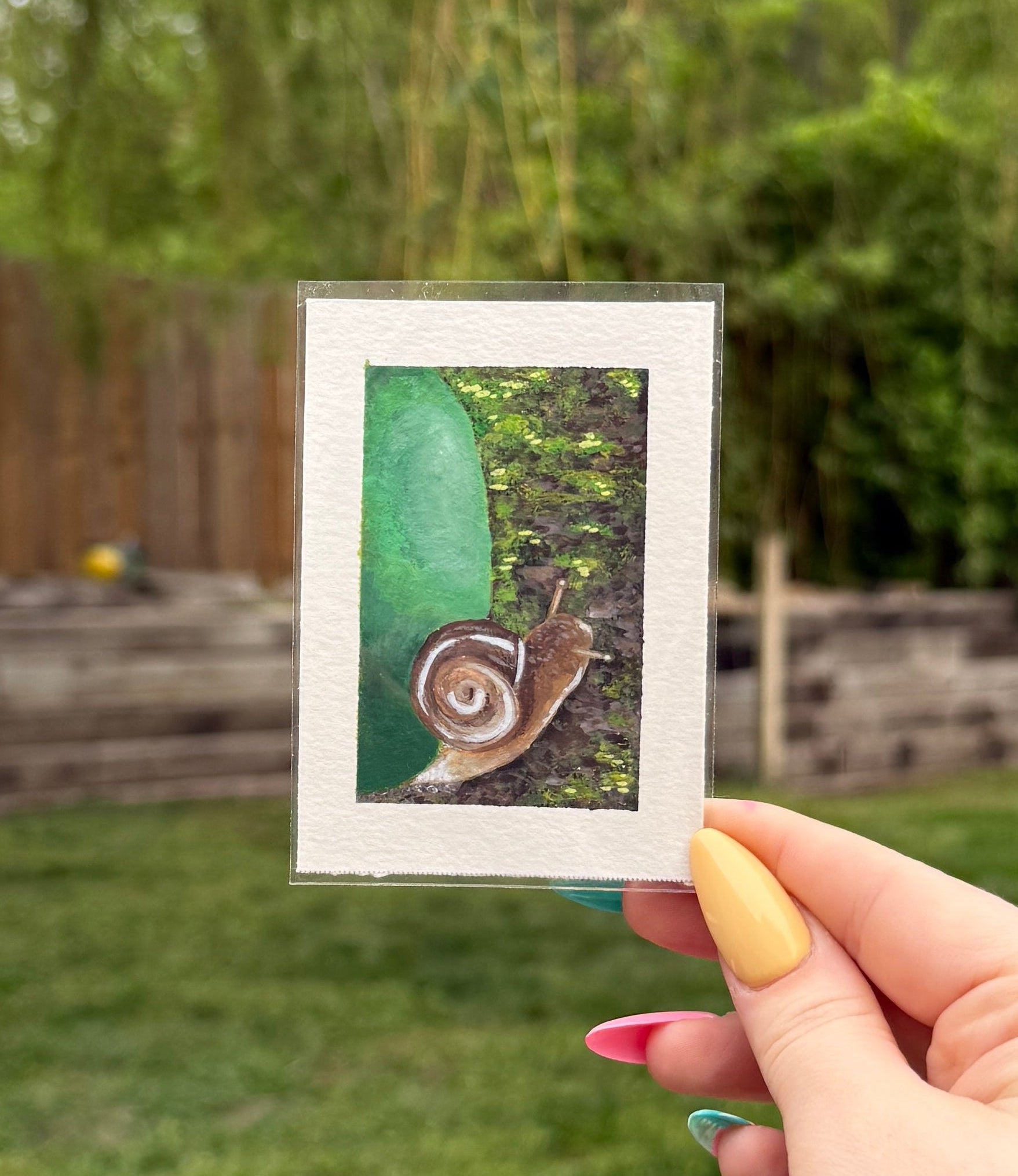 ACEO Original Acrylic Gouache Art “tree snail” 2.5x3.5
