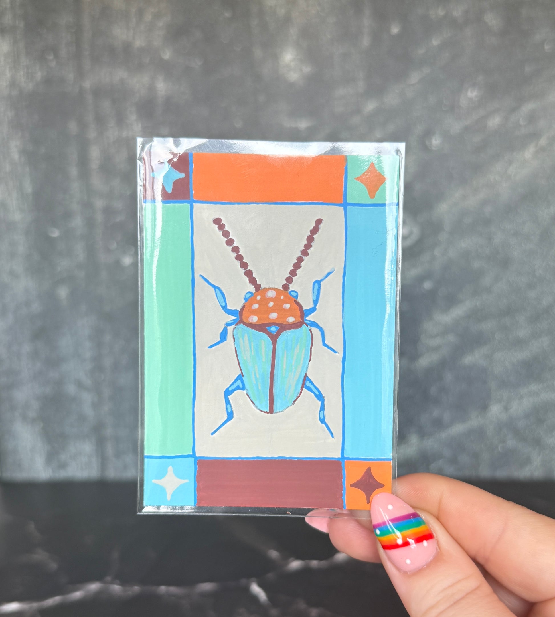 ACEO Original Acrylic Gouache Art “Beetle Guy” 2.5x3.5