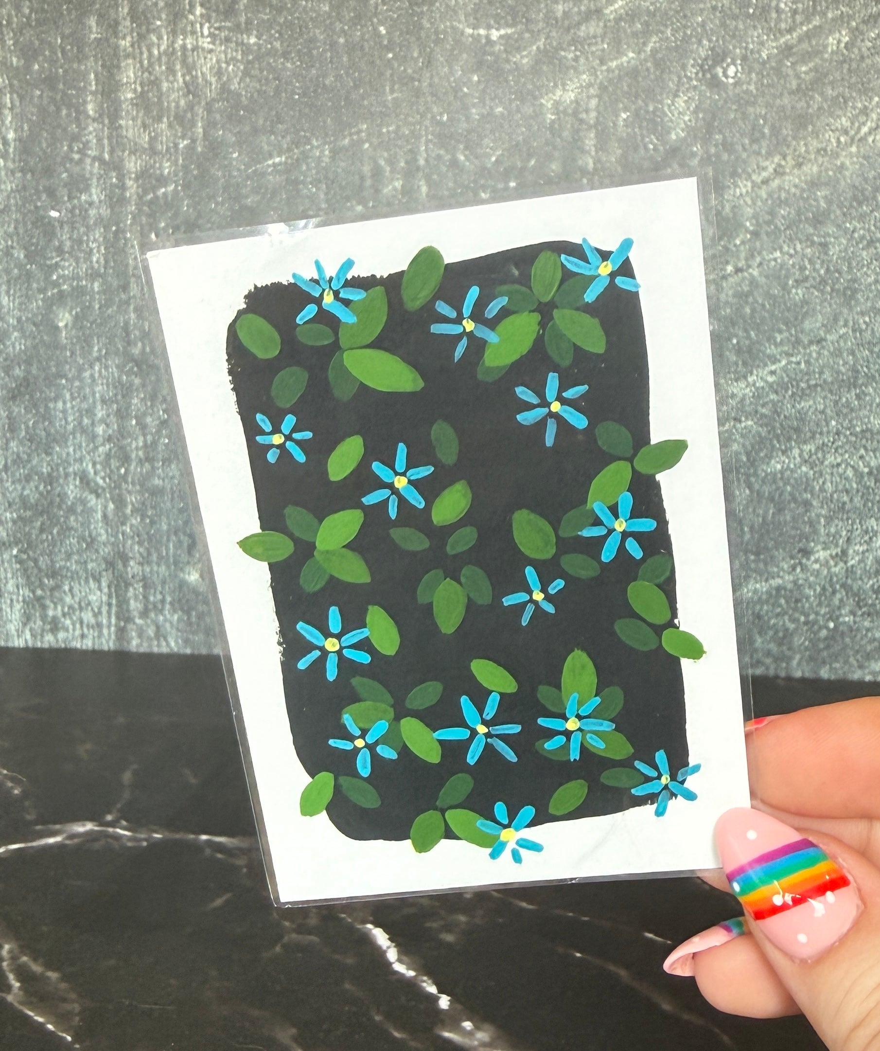 ACEO Original Acrylic Gouache Art “blue daisies” 2.5x3.5