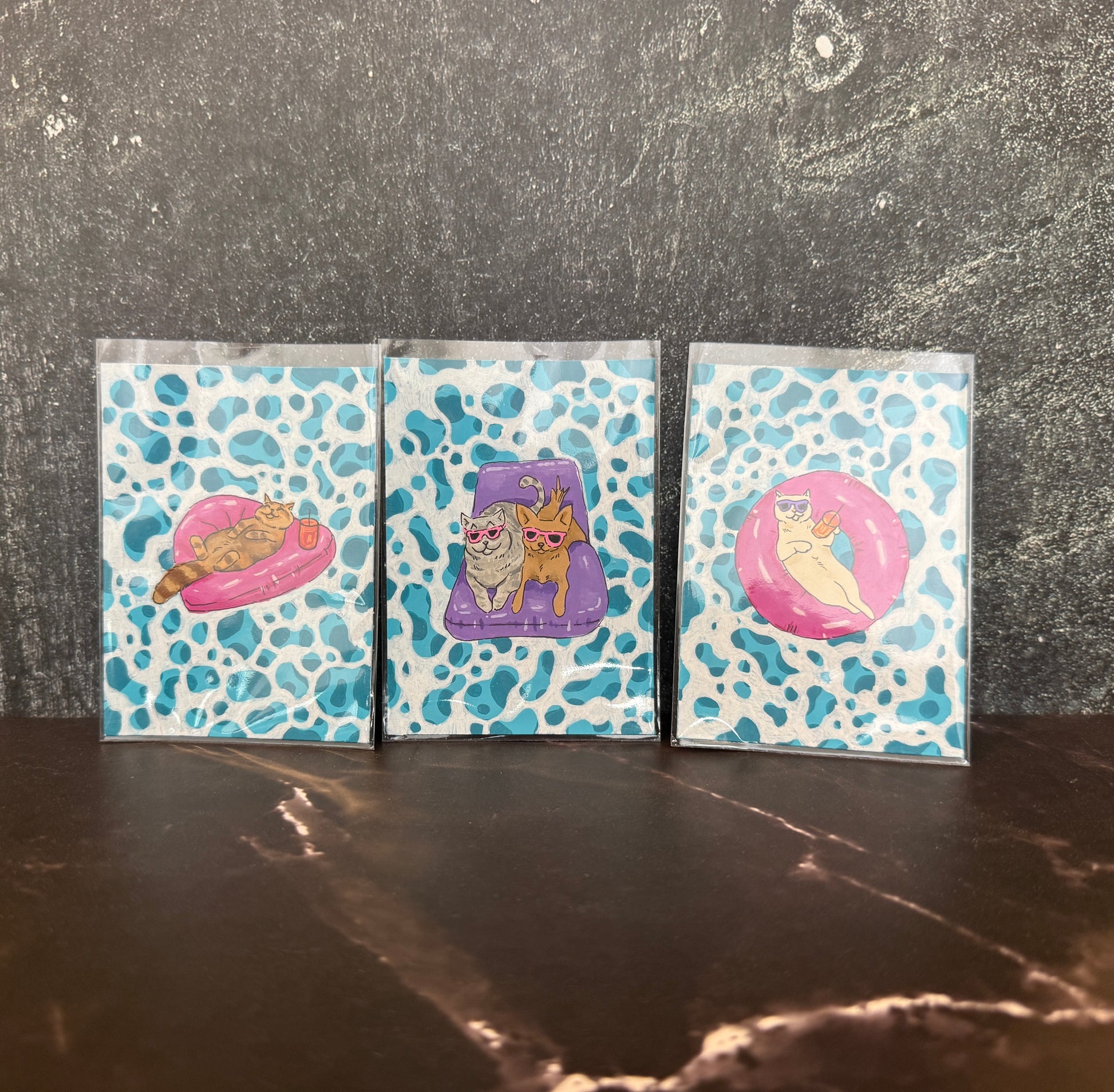 ACEO Collection Originals Acrylic Gouache Art “Pool Cats” 2.5x3.5 (x3)