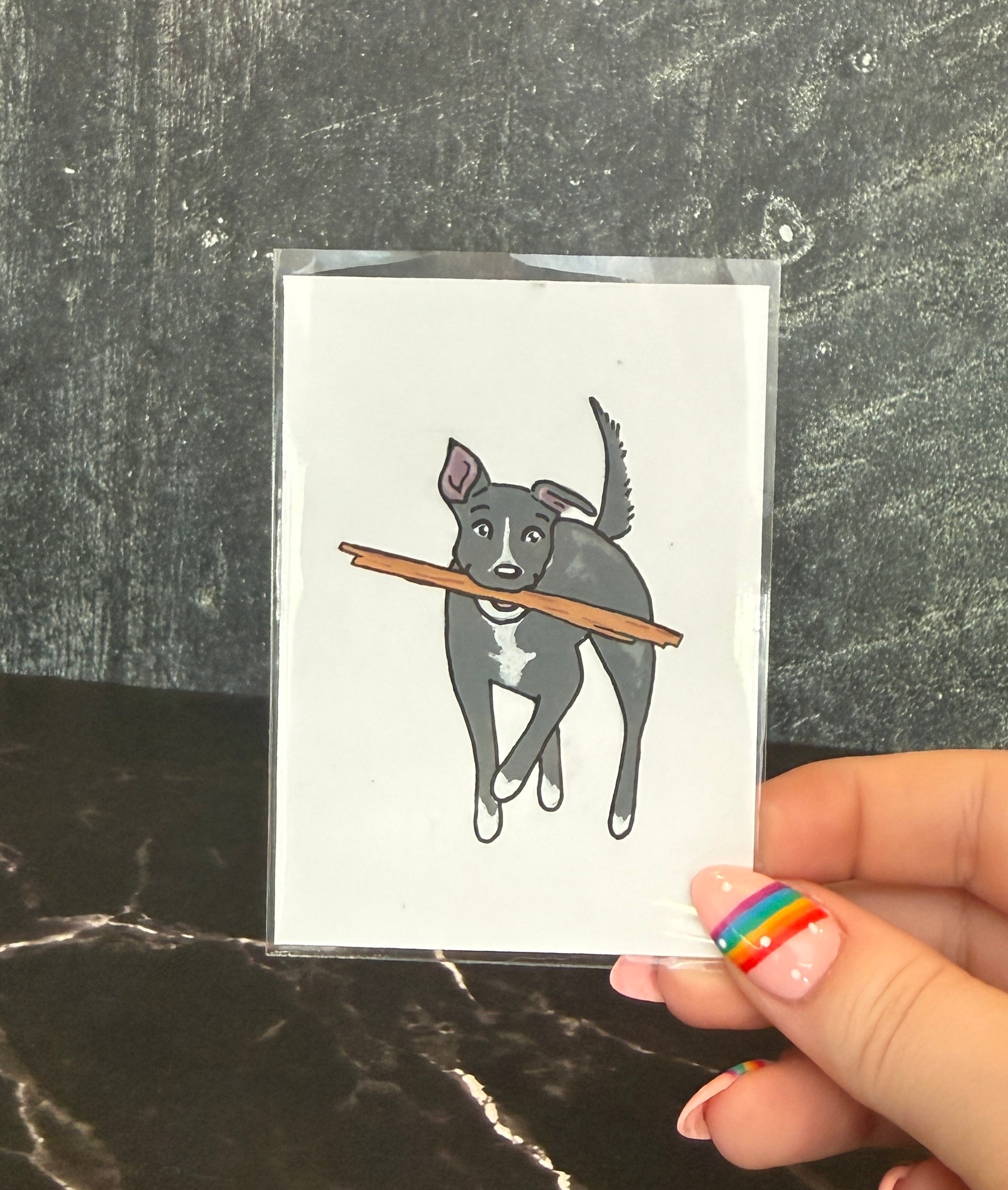 ACEO Original Acrylic Gouache Art “pittie w/ stick” 2.5x3.5