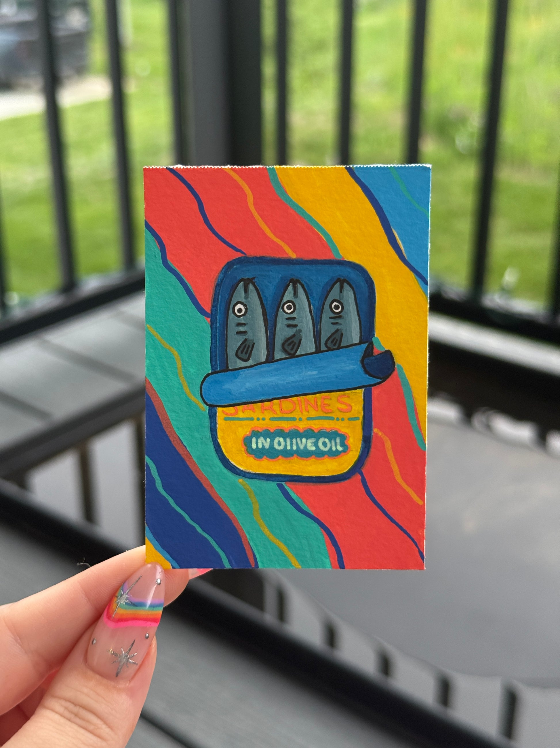 ACEO Original Acrylic Gouache Art "Sardines in Oil” 2.5x3.5