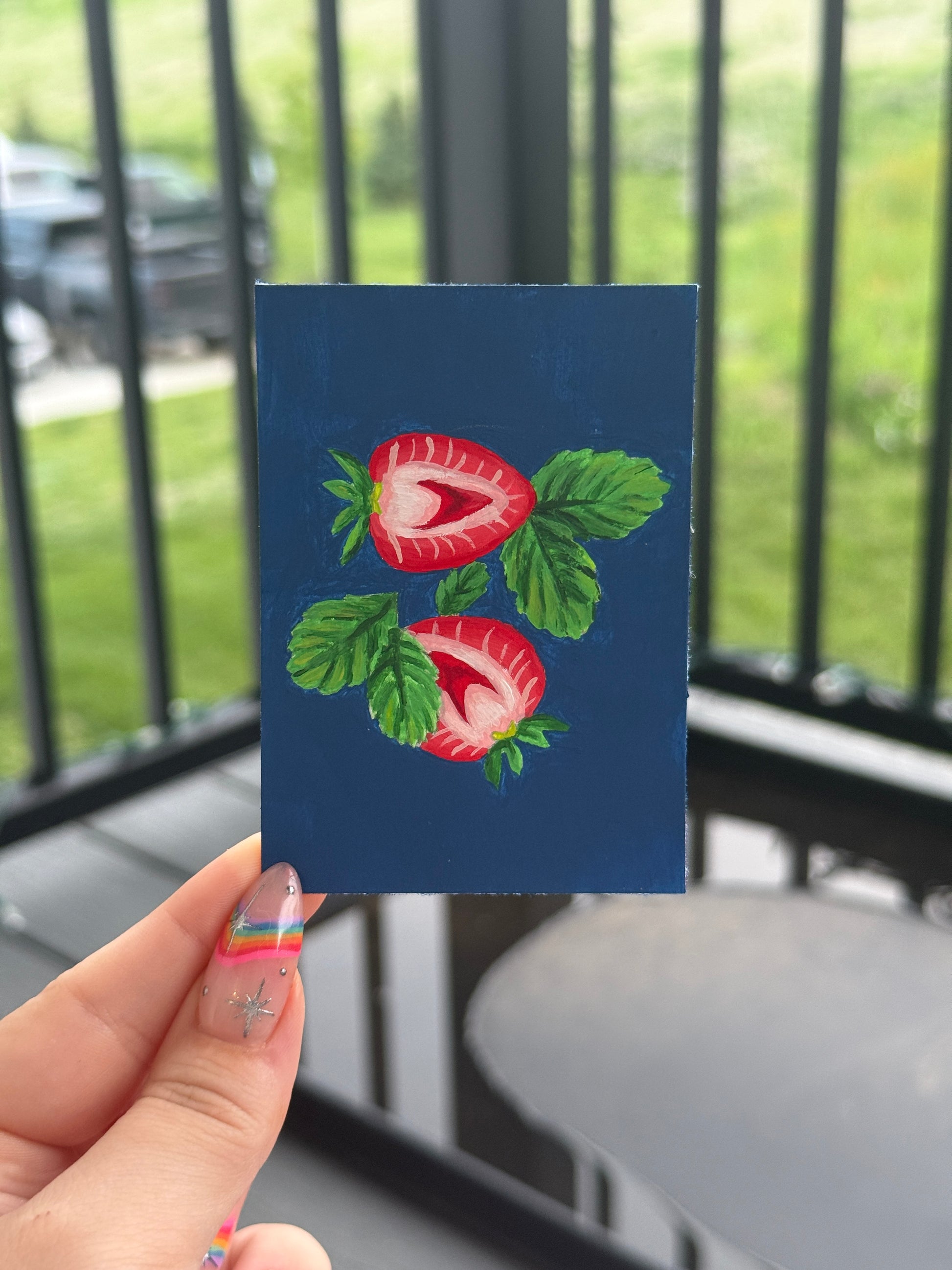 ACEO Original Acrylic Gouache Art "Navy Strawberries” 2.5x3.5