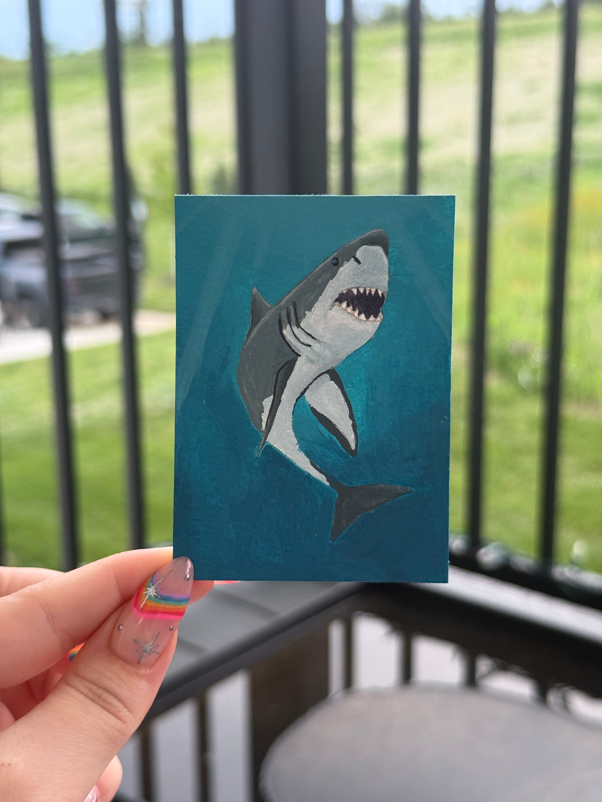 ACEO Original Acrylic Gouache Art "Great White” 2.5x3.5