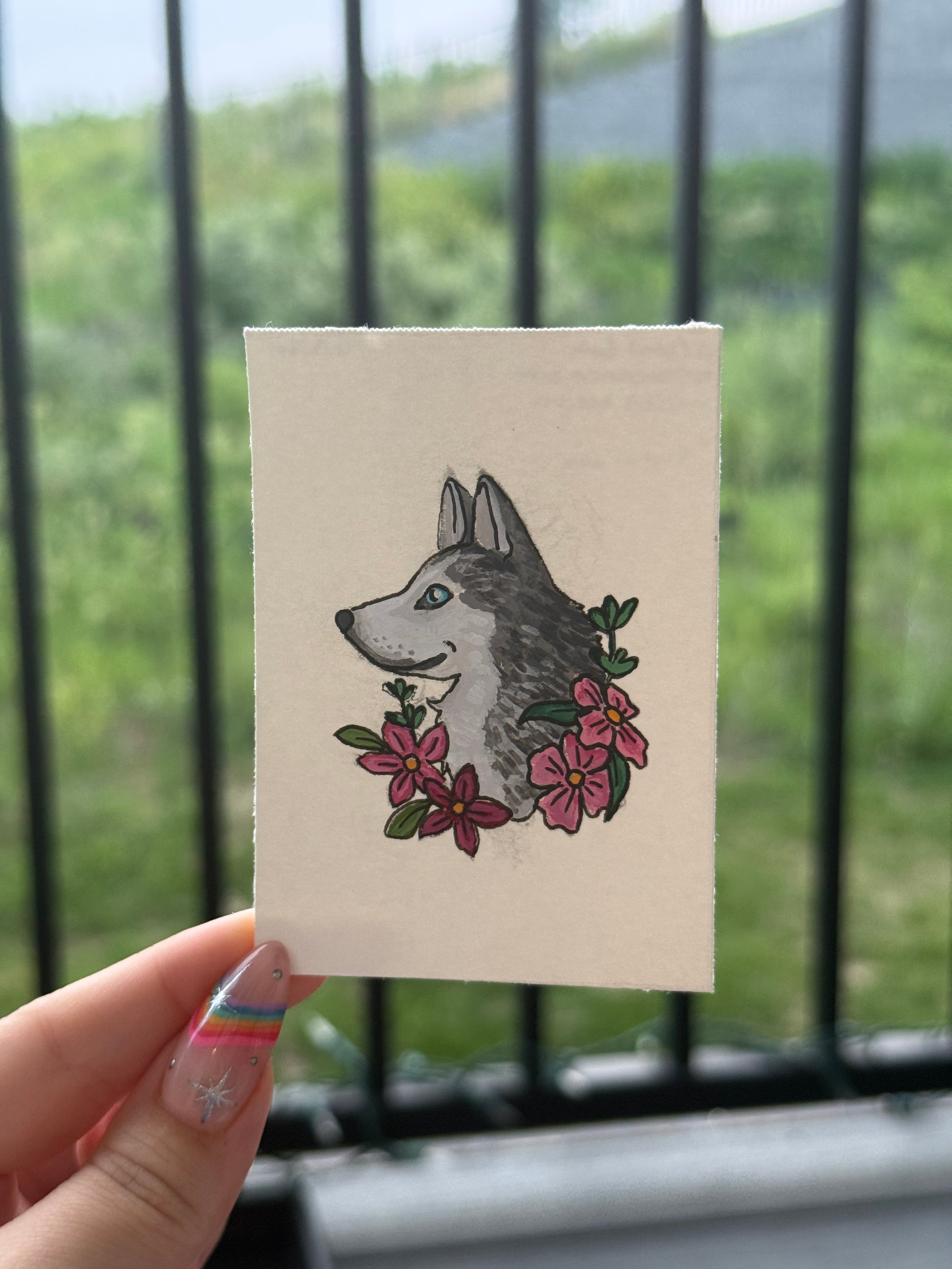 ACEO Original Acrylic Gouache Art "Floral Dog” 2.5x3.5