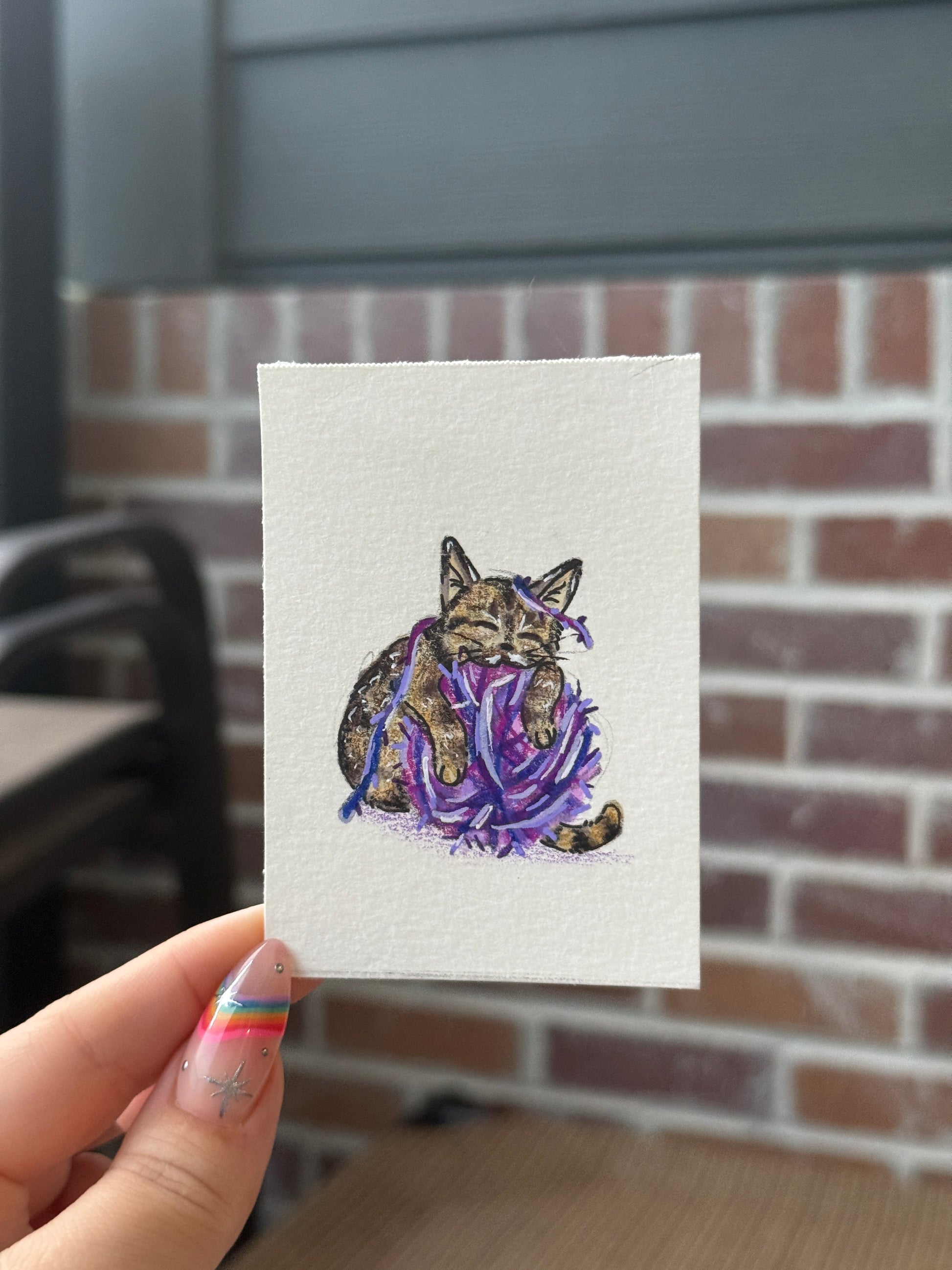 ACEO Original Acrylic Gouache Art "Yarn Kitty” 2.5x3.5