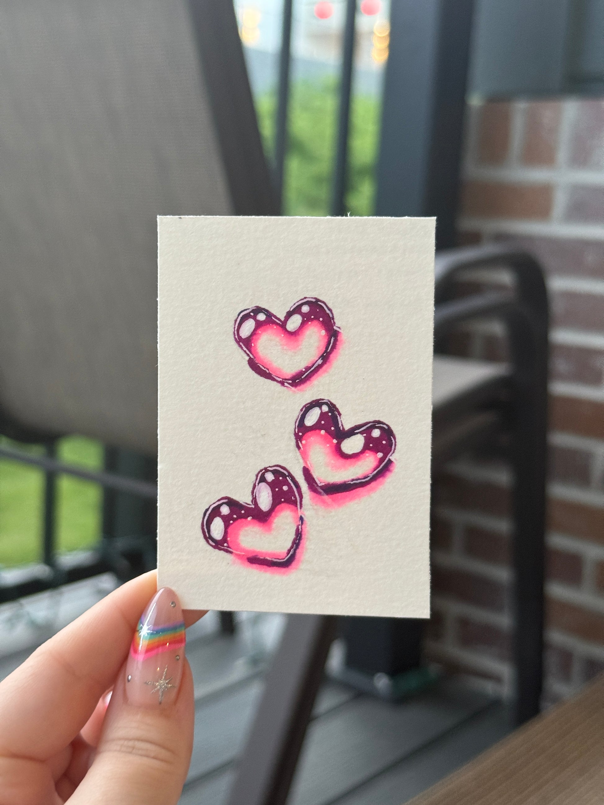 ACEO Original Acrylic Gouache Art "Glass Hearts” 2.5x3.5