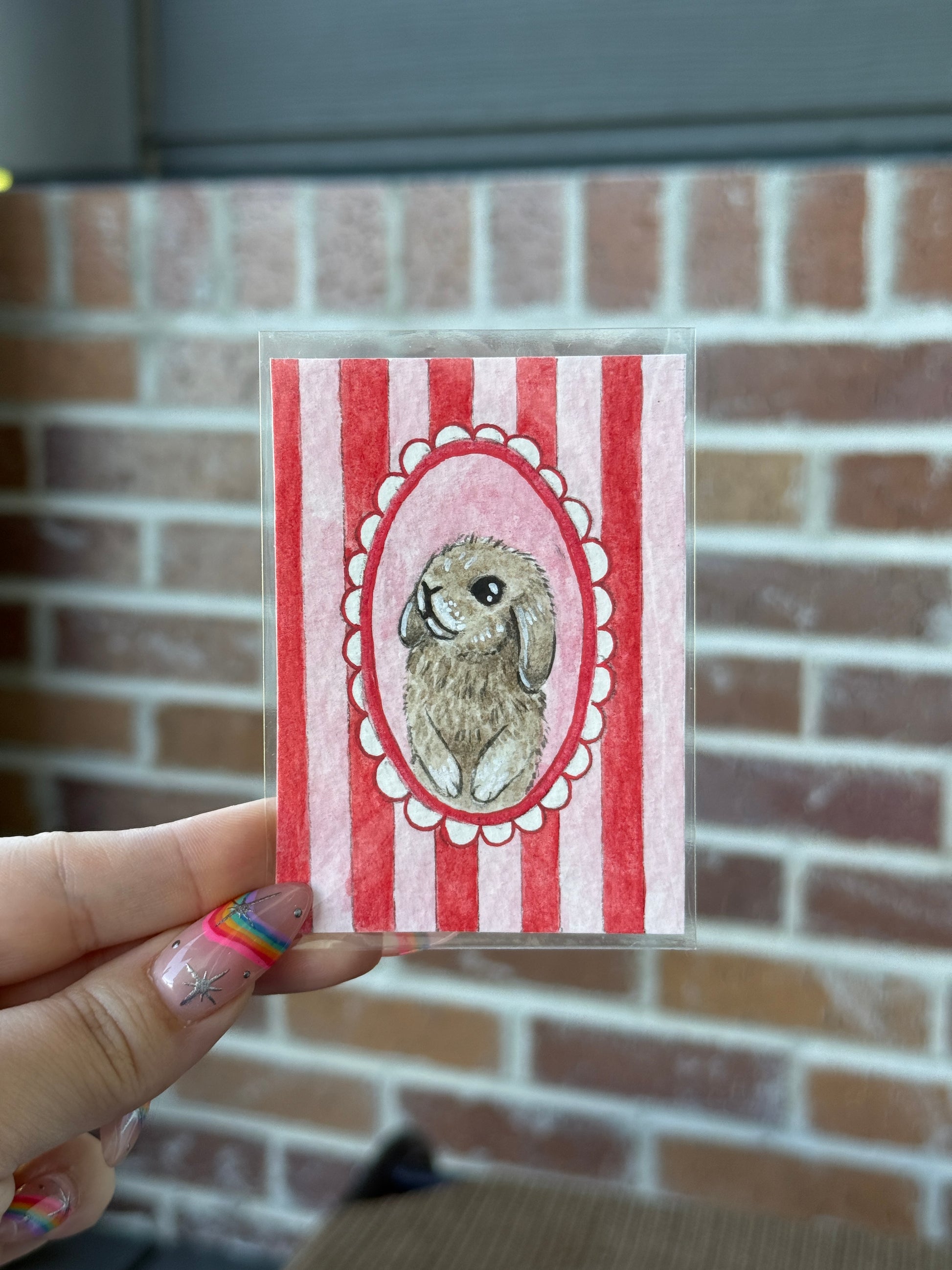 ACEO Original Watercolor Art "Pink Framed Bunny” 2.5x3.5 // cute // coquette // adorable // gift //