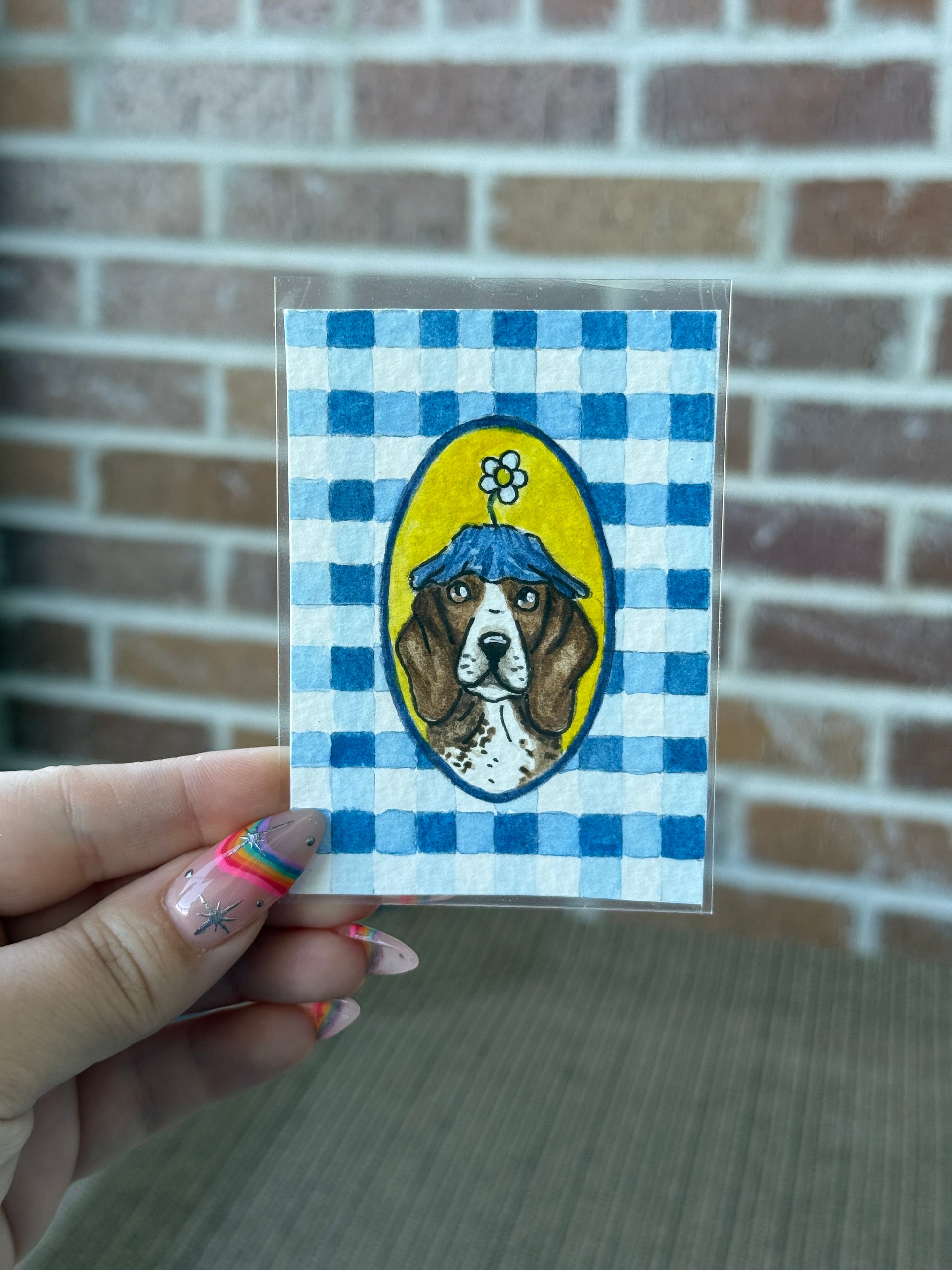 ACEO Original Watercolor Art "Blue Gingham Hound” 2.5x3.5 // hound dog // dog art // pet gift // gifts //