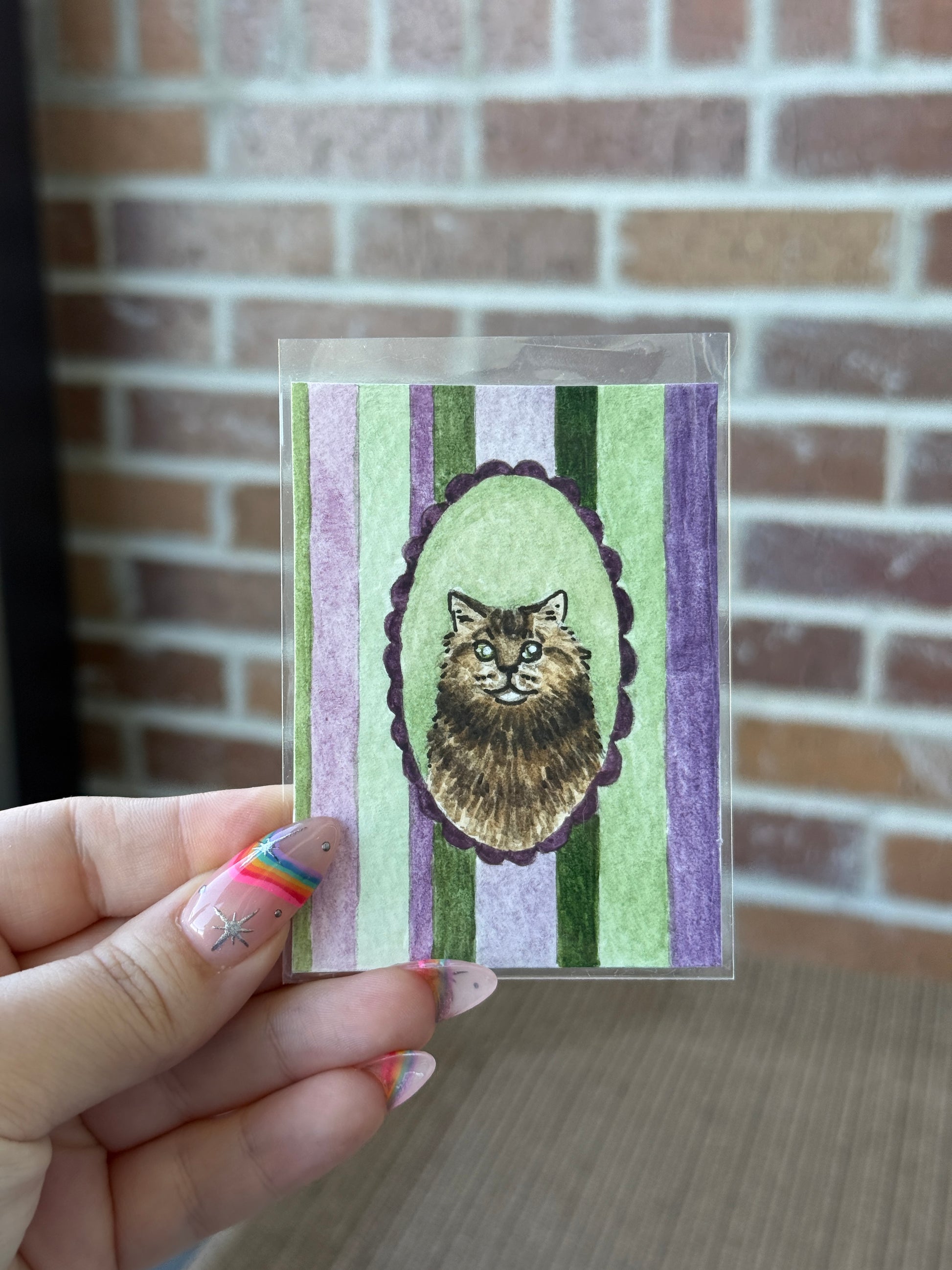 ACEO Original Watercolor "Green & Purple Tabby” 2.5x3.5 // tabby cat // cat mom // pet art // pet lover // gift //