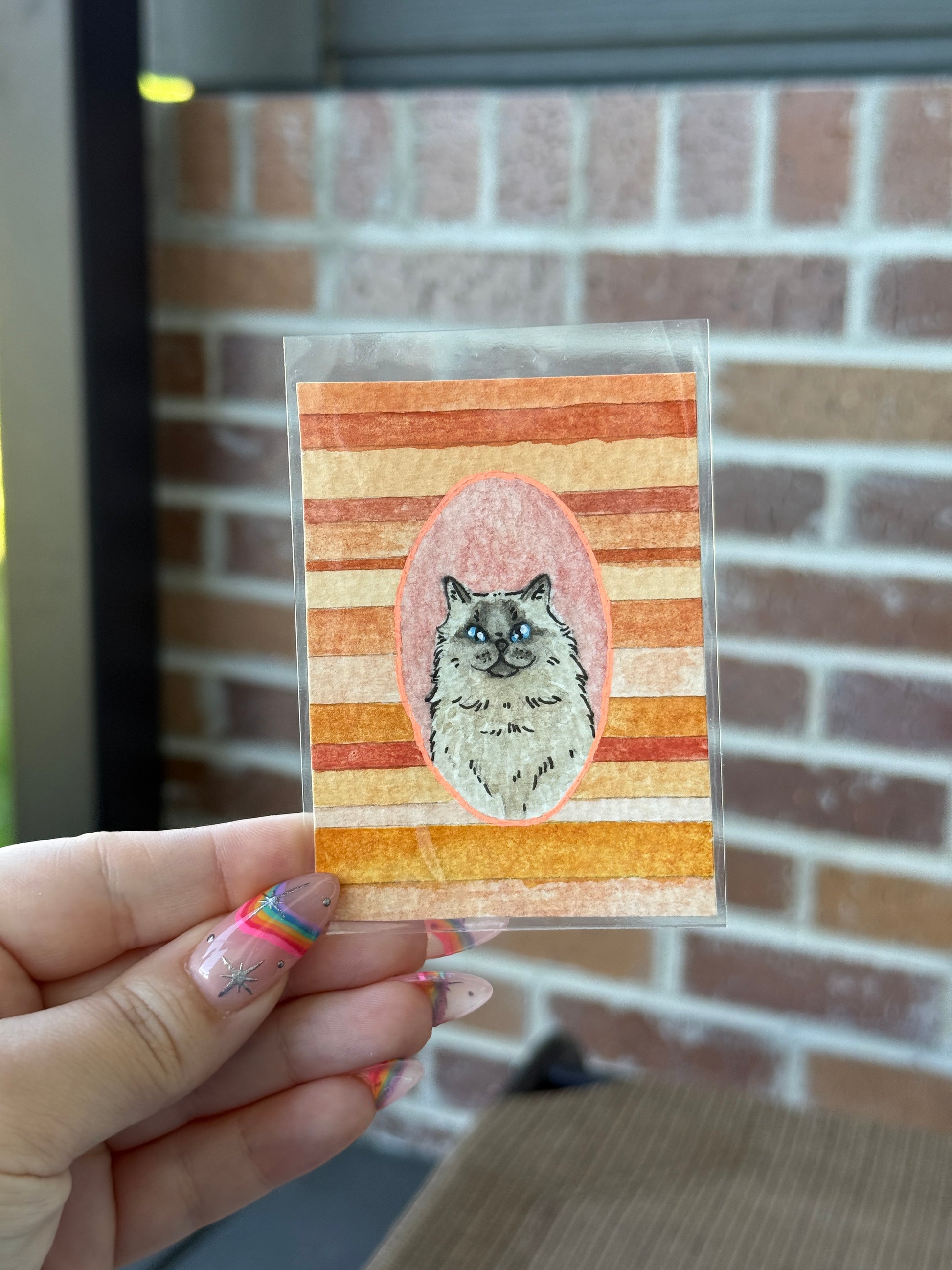 ACEO Original Watercolor Art "Orange Framed Cat” 2.5x3.5 // lines // stripes // cat // cat mom // pet art //