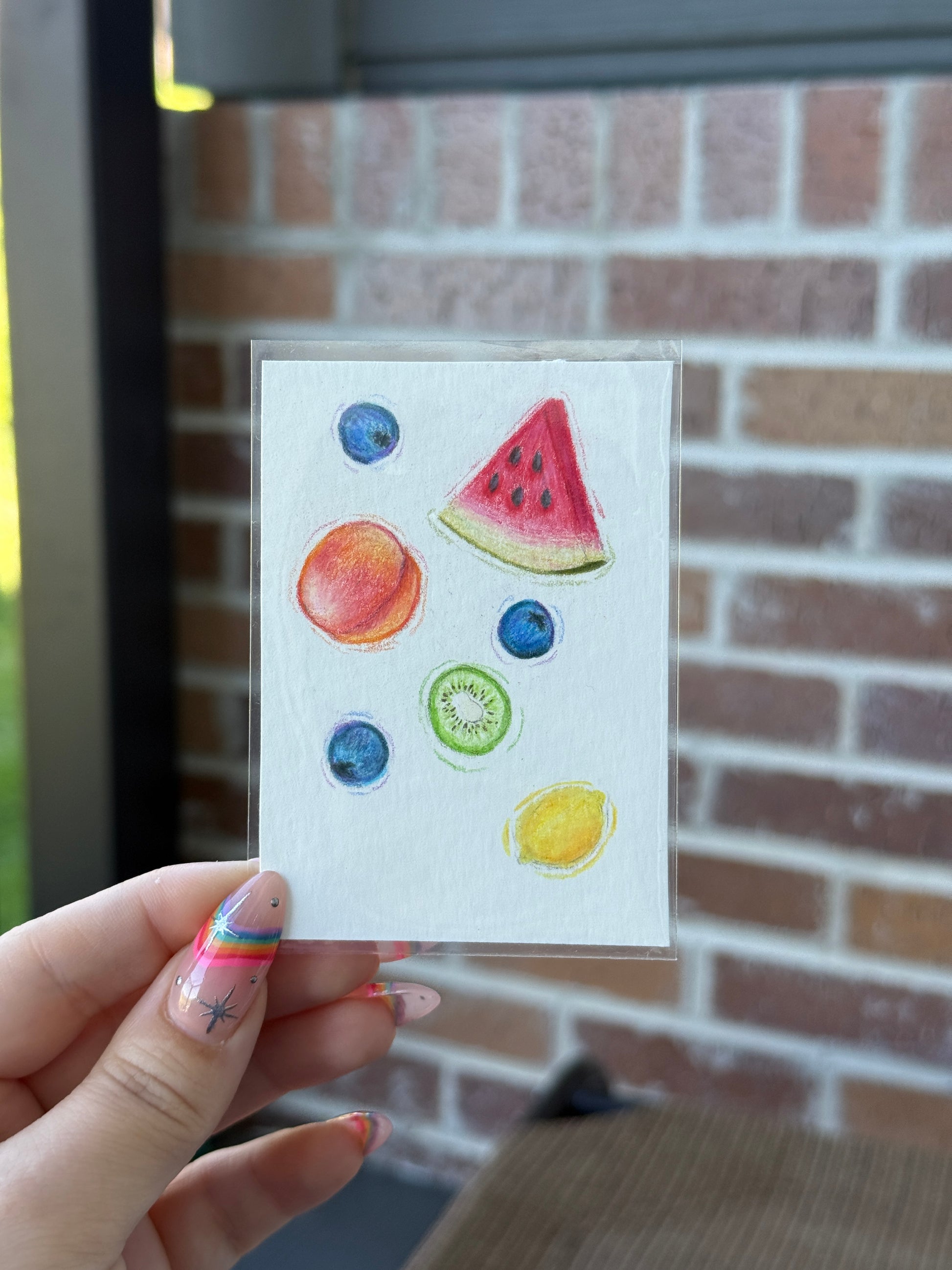 ACEO Original Mini Colored Pencil Art "Assorted Fruit” 2.5x3.5 // watermelon // blueberries // kiwi // lemon // gift //