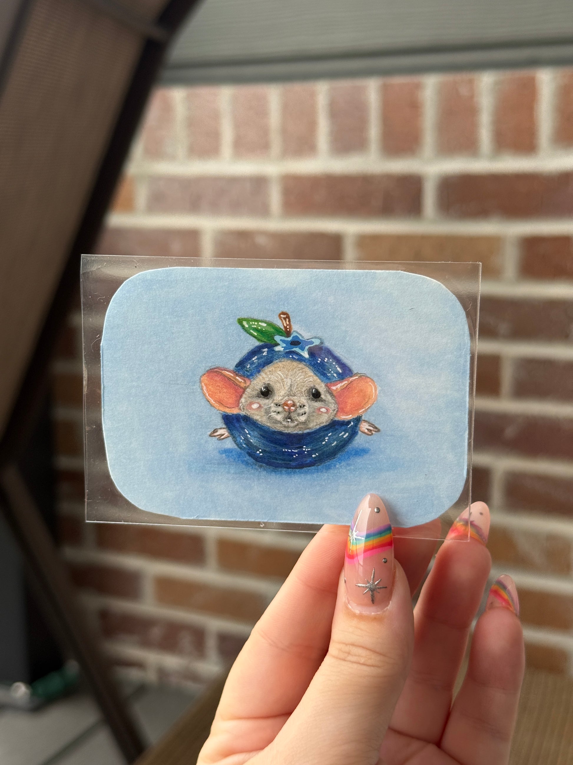 ACEO Original Mini Mixed Media Art "Dumbo Bloob” 2.5x3.5 // blueberry // fruit // berry // rat // artwork //