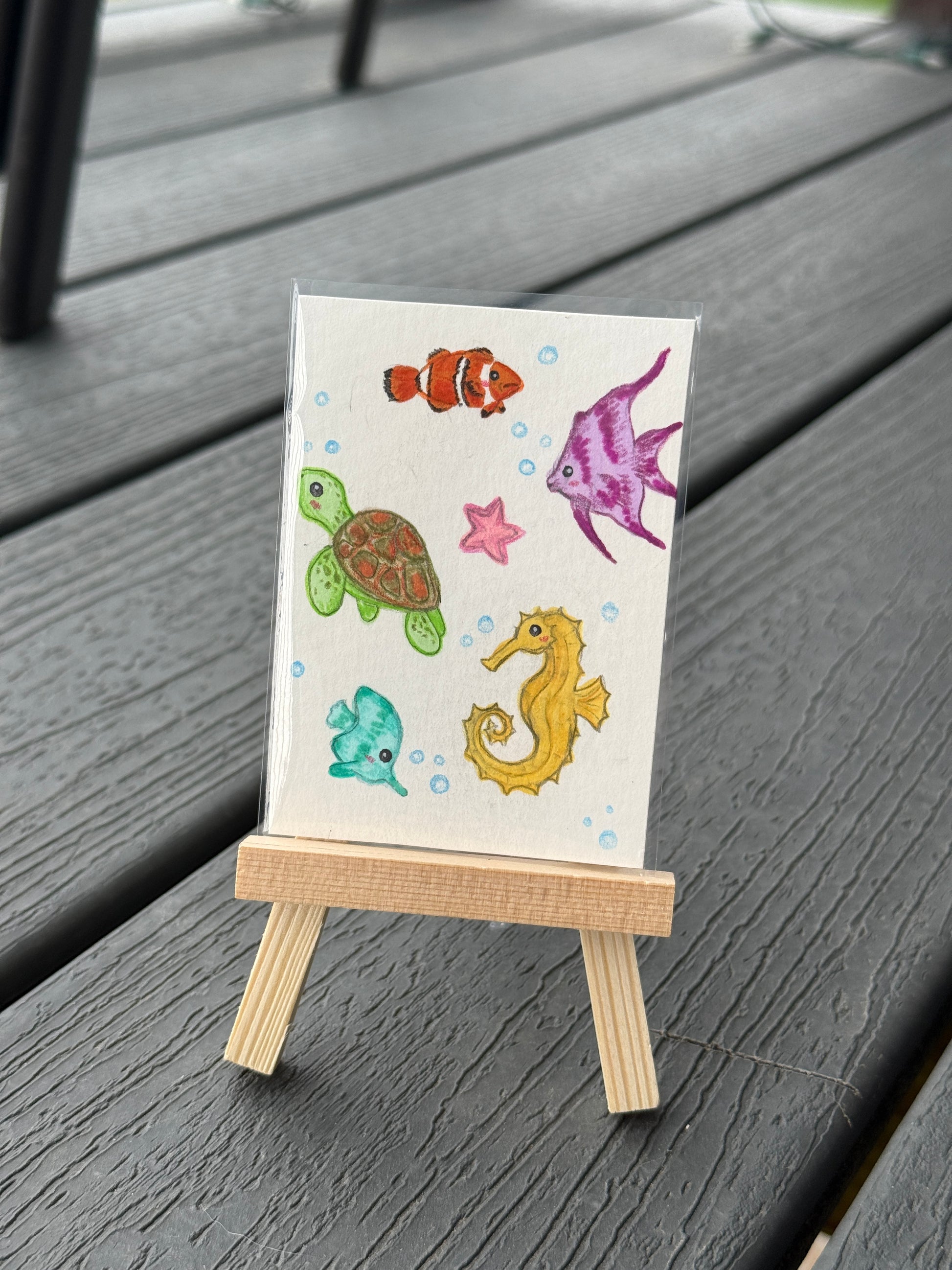 ACEO Original Mini Mixed Media Art "Ocean Animal Cuties” 2.5x3.5 // ocean // sea // gift // artwork //