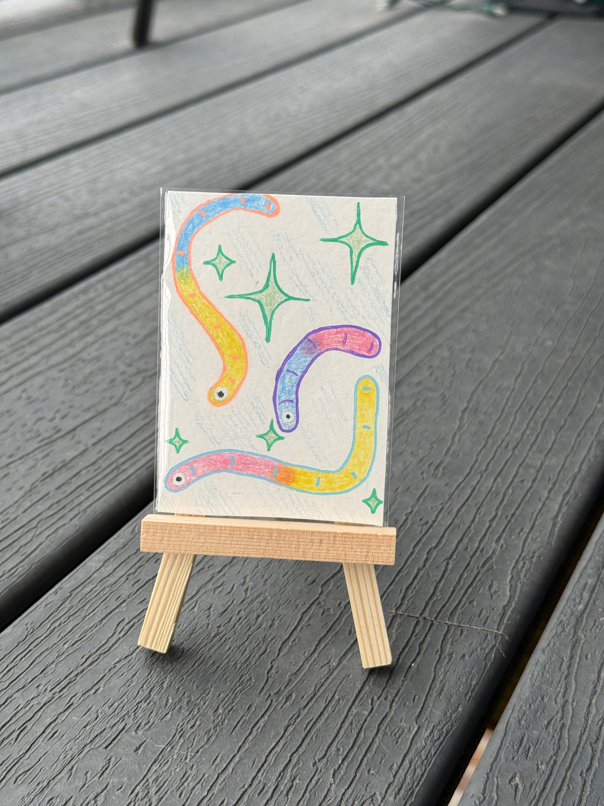 ACEO Original Mini Mixed Art "Cutie Worms” 2.5x3.5 // bugs // animal // gift // worms //