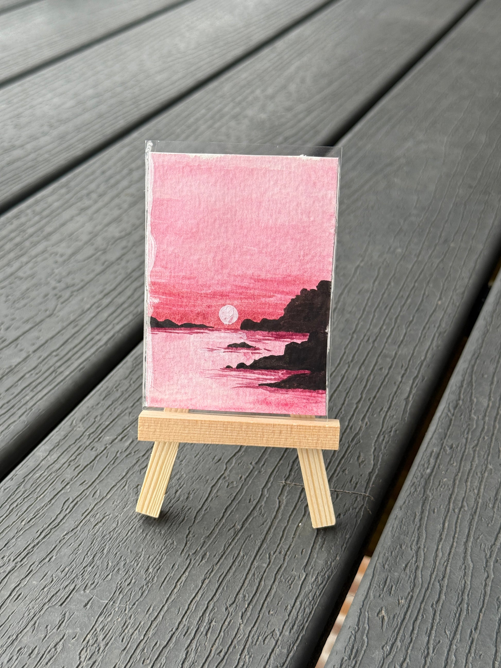 ACEO Original Mini Watercolor Art "Red Ocean Night” 2.5x3.5 // night // ocean // gift // landscape //