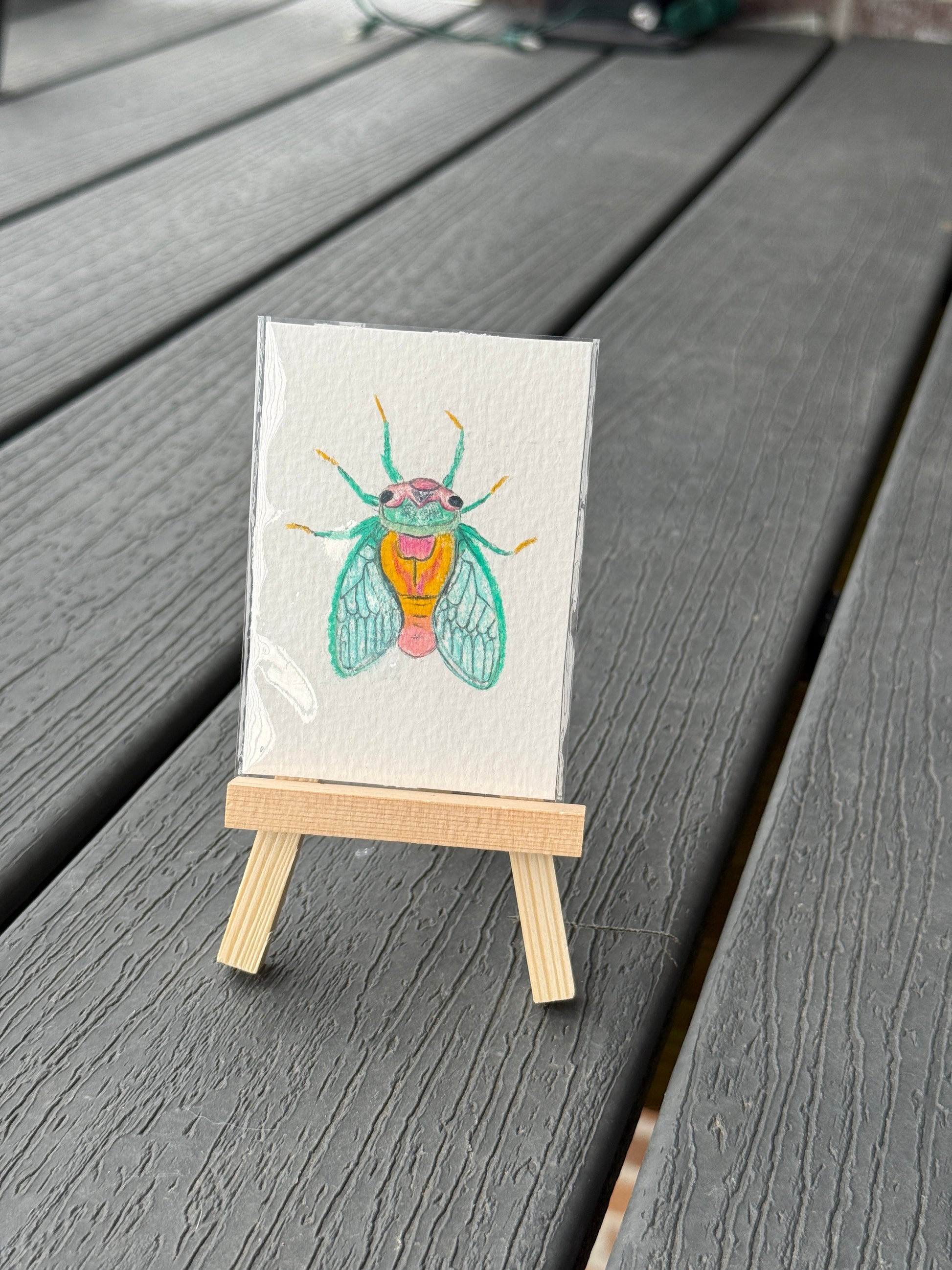 ACEO Original Mini Mixed Media Art "Cicada” 2.5x3.5 // insect // art // bug // gift //
