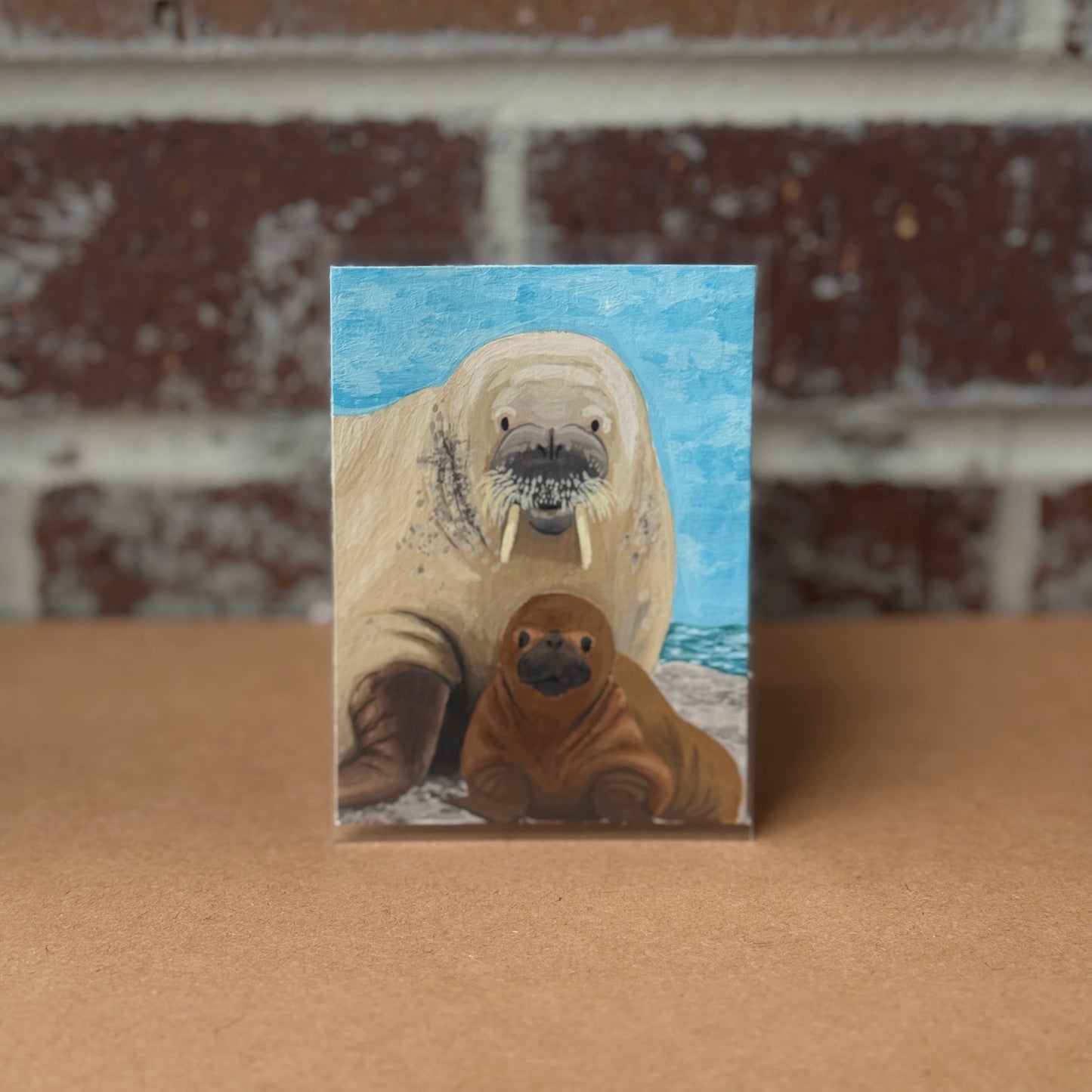 ACEO Original Mini Art "Mommy & Me Walrus” 2.5"x3.5"