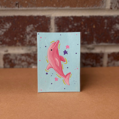 ACEO Original Mini Art "Pink Dolphin” 2.5"x3.5"